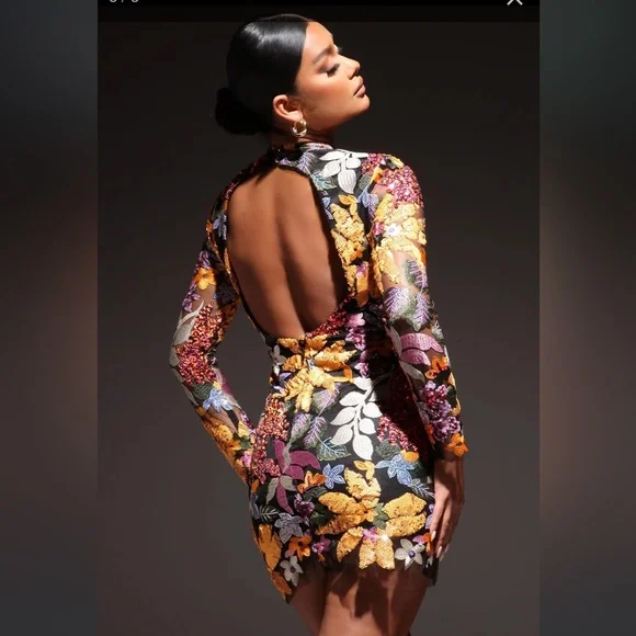 NWT Fashion Nova Ava Long Sleeve Embroidered Mini Dress S Black Floral Bodycon - Picture 3 of 10